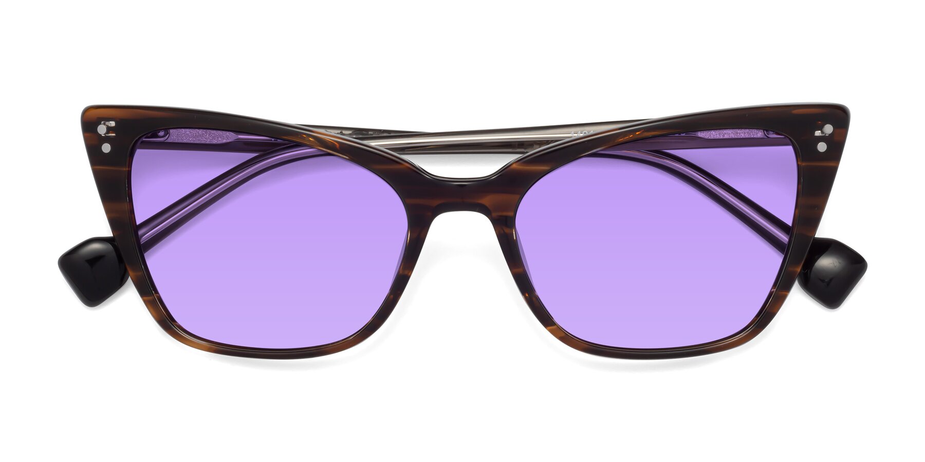 Folded Front of 1491 in Stripe Brown with Medium Purple Tinted Lenses