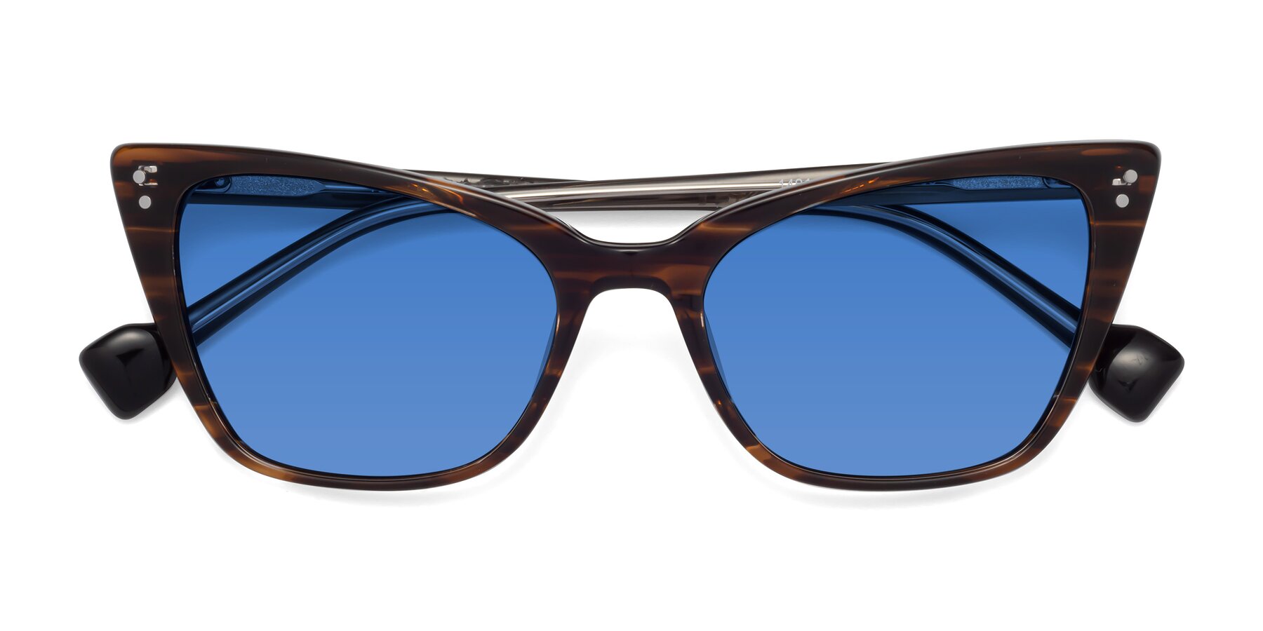 Folded Front of 1491 in Stripe Brown with Blue Tinted Lenses