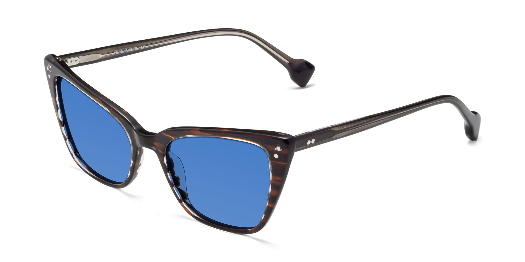 Angle of 1491 in Stripe Brown with Blue Tinted Lenses
