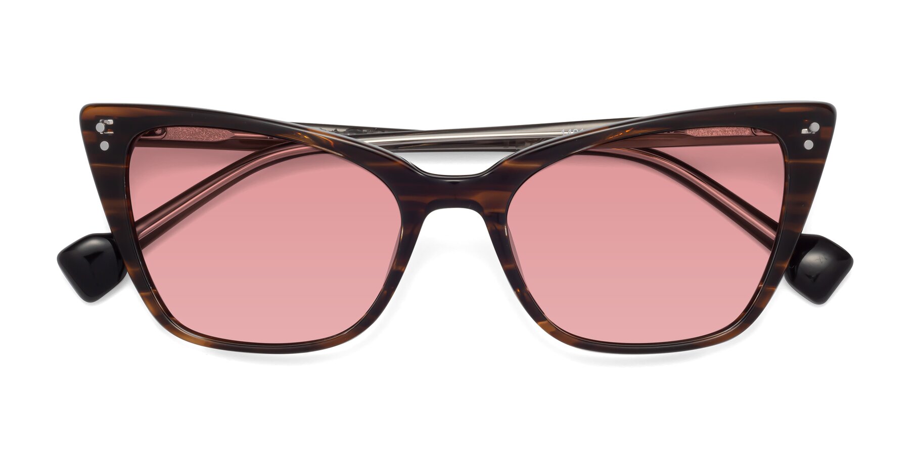 Folded Front of 1491 in Stripe Brown with Medium Garnet Tinted Lenses