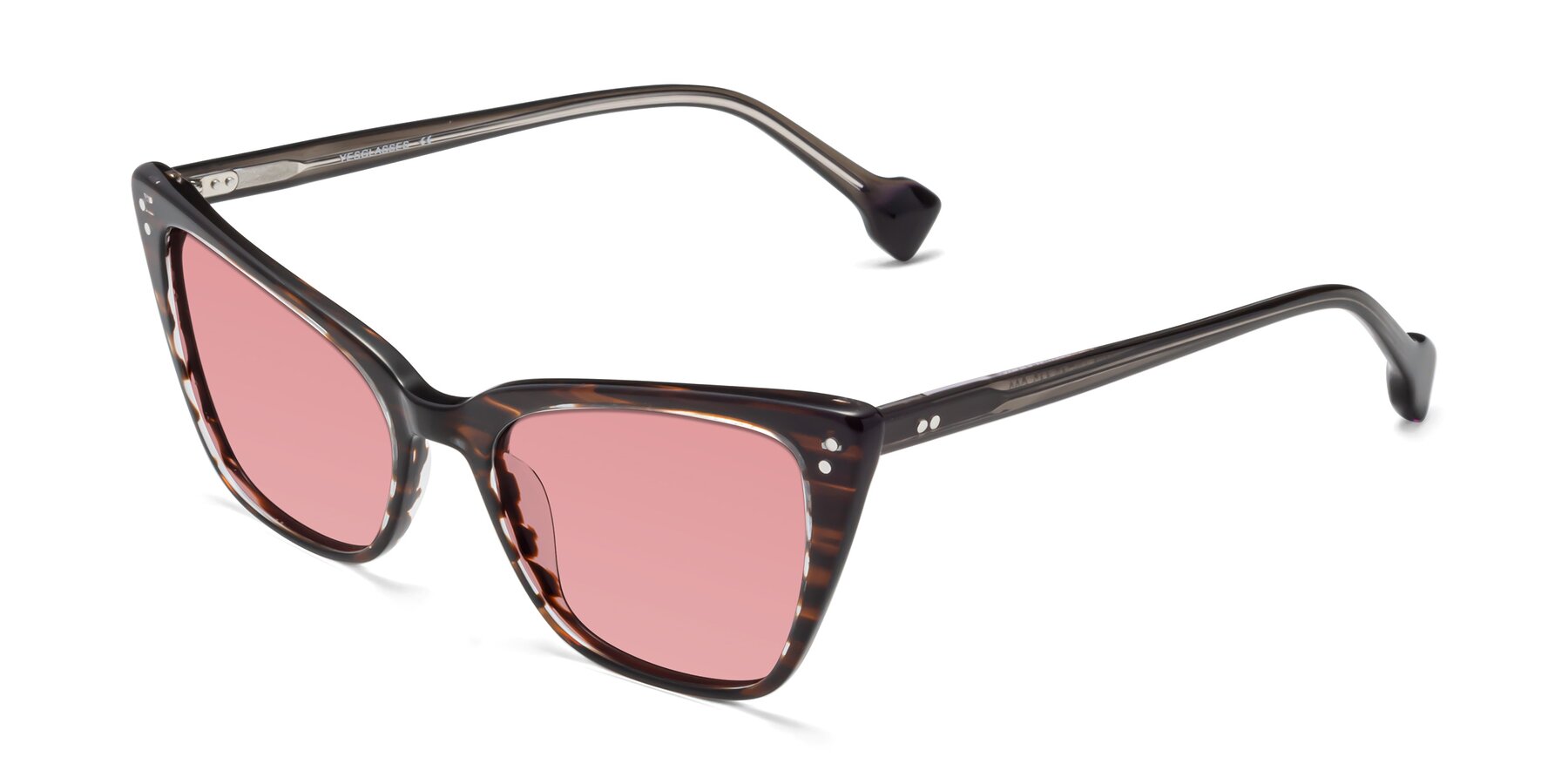 Angle of 1491 in Stripe Brown with Medium Garnet Tinted Lenses