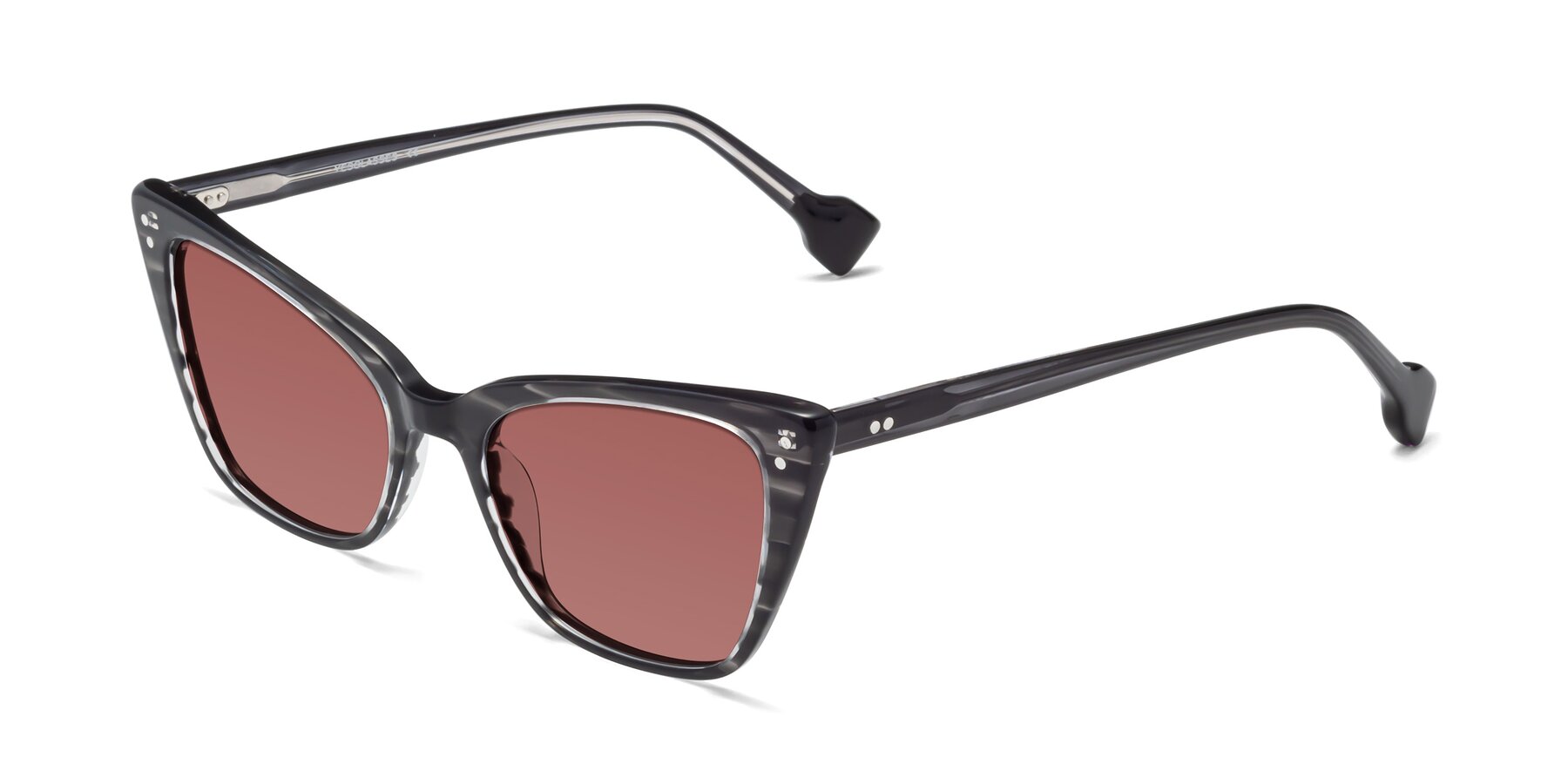 Angle of 1491 in Stripe Gray with Garnet Tinted Lenses