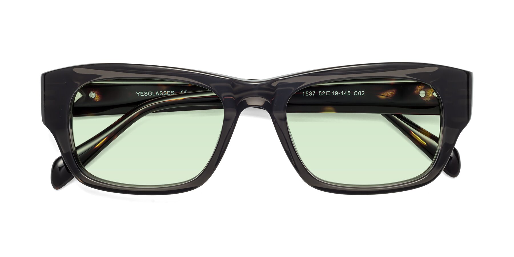 Folded Front of 1537 in Gray-Tortoise with Light Green Tinted Lenses