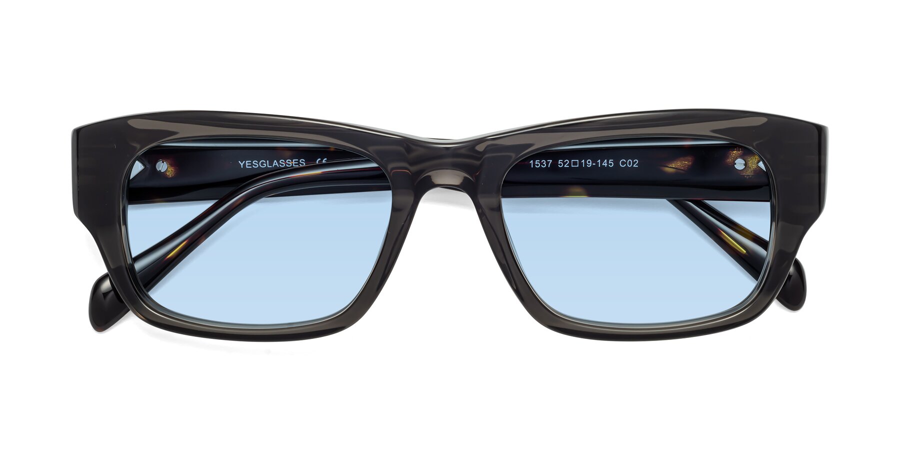 Folded Front of 1537 in Gray-Tortoise with Light Blue Tinted Lenses