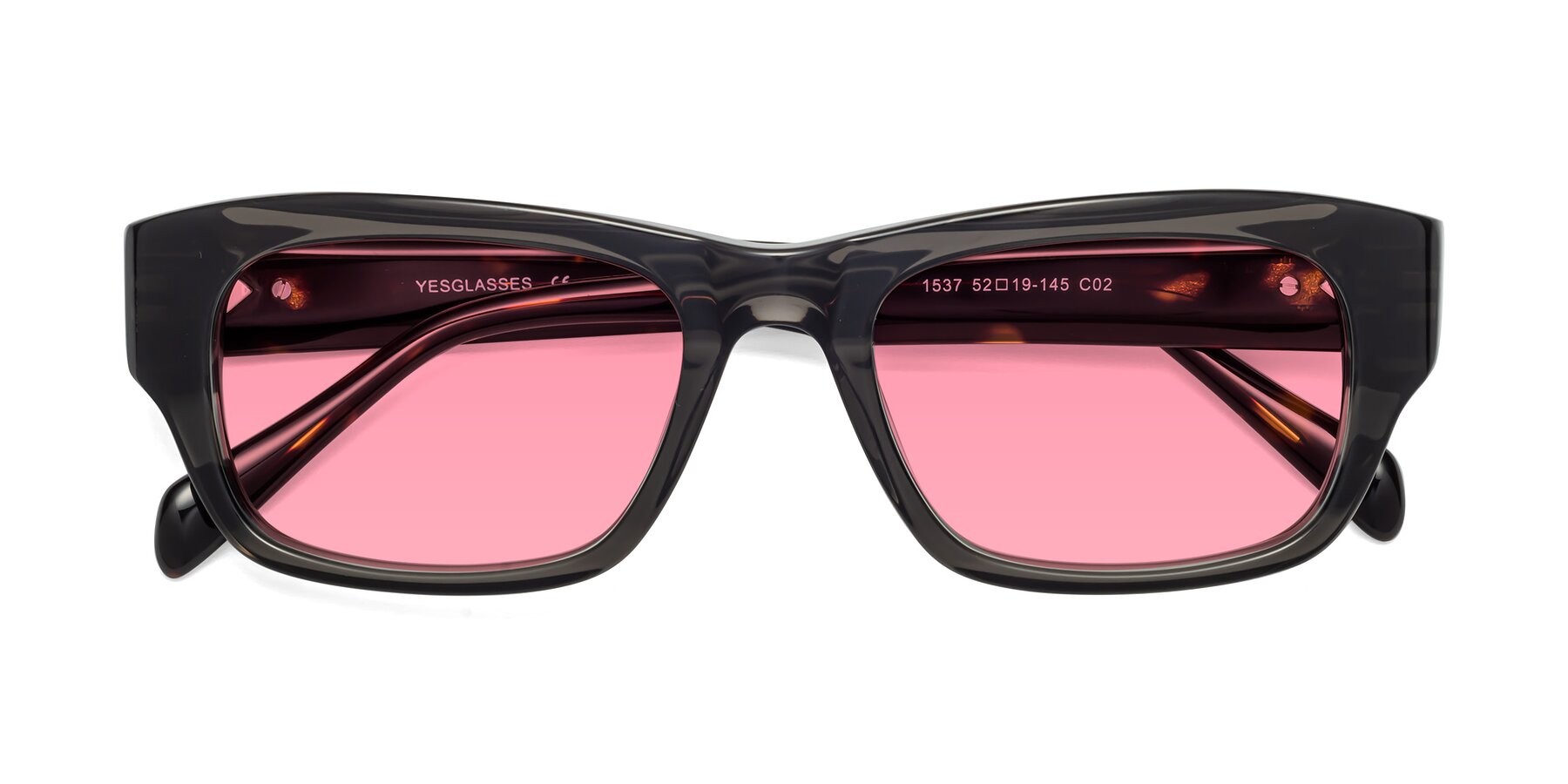 Folded Front of 1537 in Gray-Tortoise with Pink Tinted Lenses