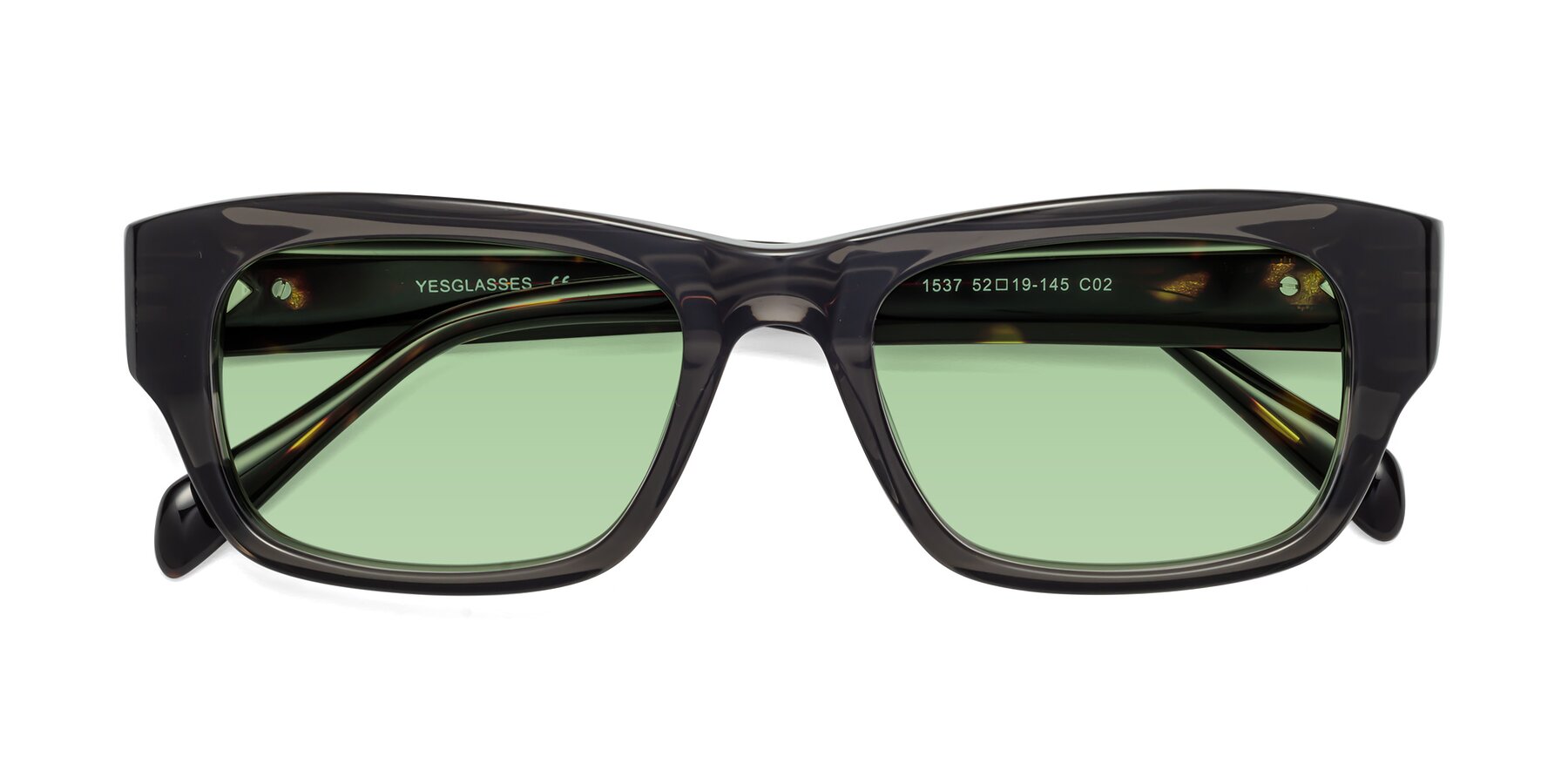 Folded Front of 1537 in Gray-Tortoise with Medium Green Tinted Lenses