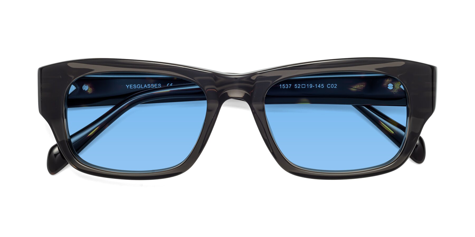 Folded Front of 1537 in Gray-Tortoise with Medium Blue Tinted Lenses