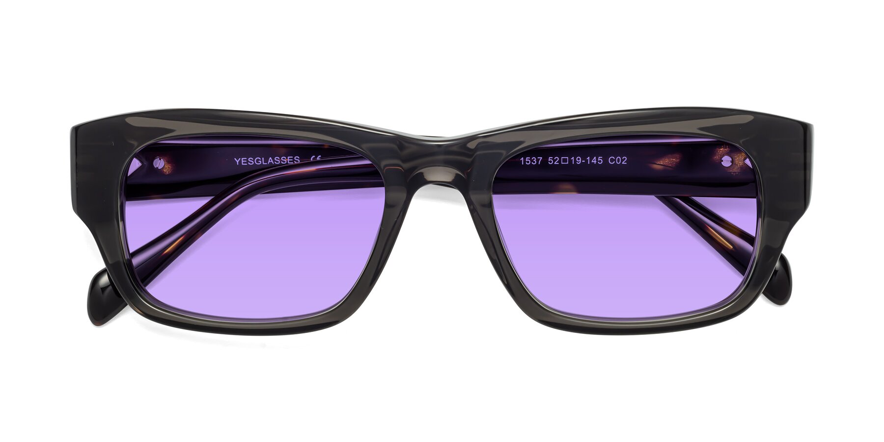 Folded Front of 1537 in Gray-Tortoise with Medium Purple Tinted Lenses