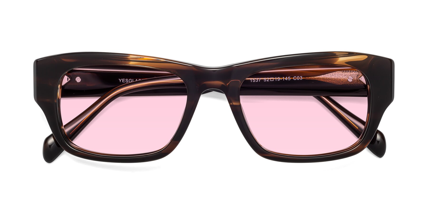 Folded Front of 1537 in Stripe Brown with Light Pink Tinted Lenses