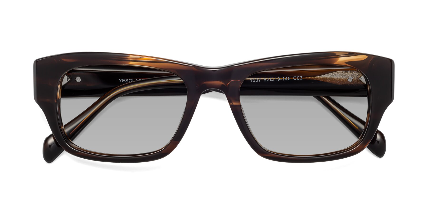 Folded Front of 1537 in Stripe Brown with Light Gray Tinted Lenses