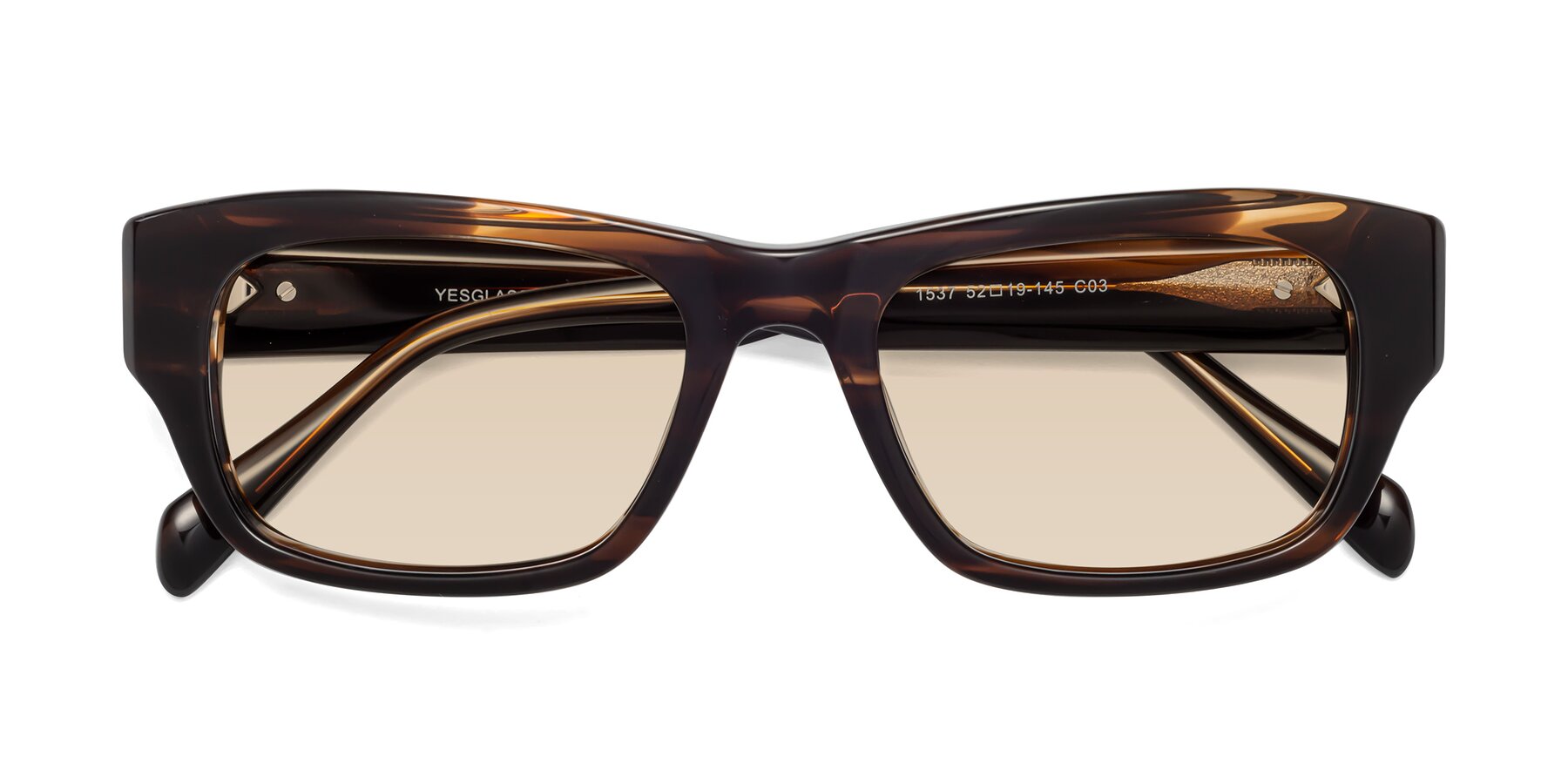Folded Front of 1537 in Stripe Brown with Light Brown Tinted Lenses