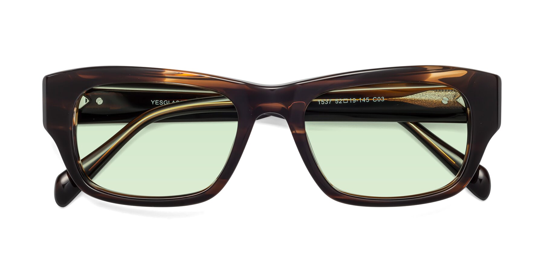 Folded Front of 1537 in Stripe Brown with Light Green Tinted Lenses