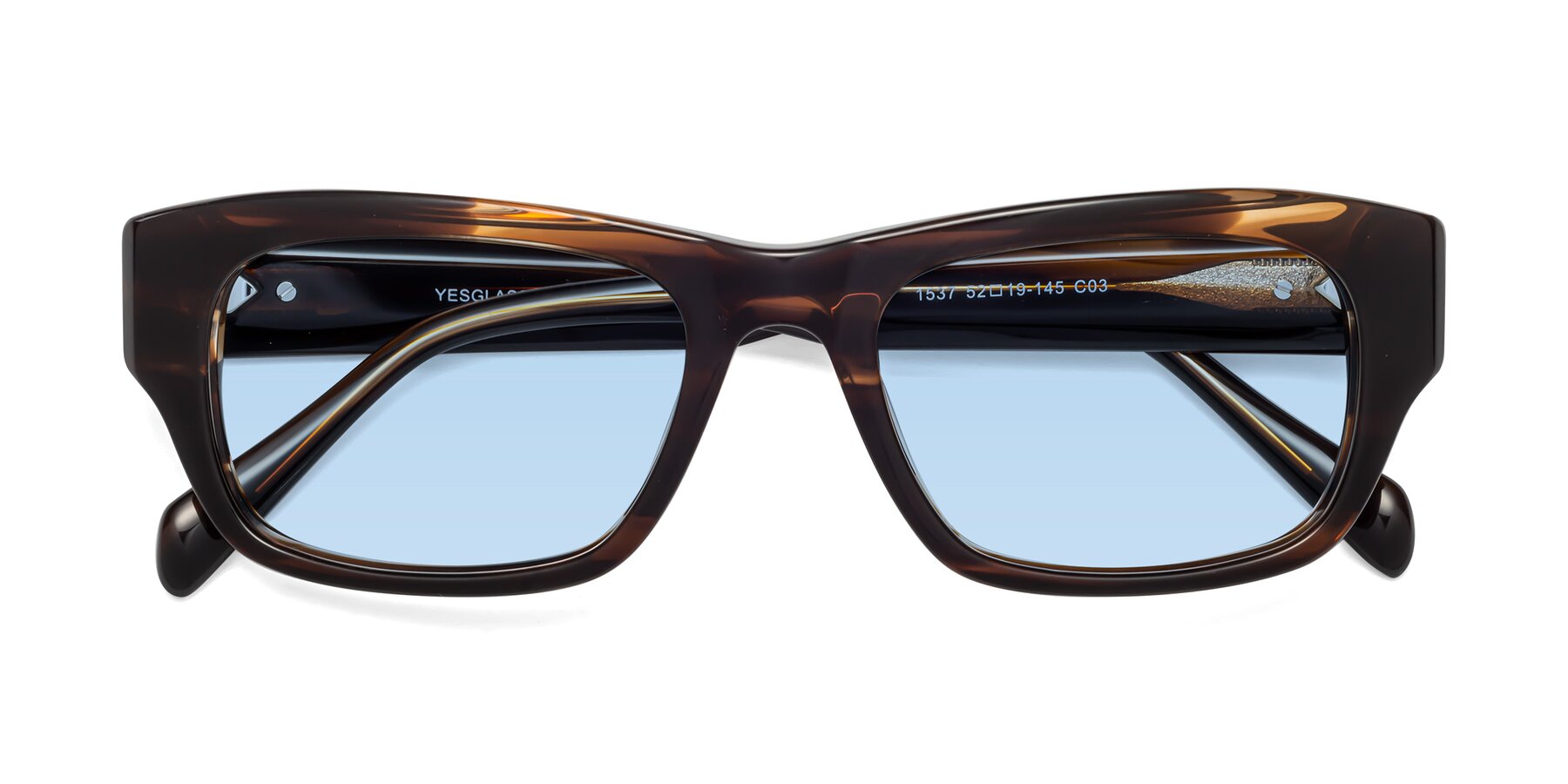 Folded Front of 1537 in Stripe Brown with Light Blue Tinted Lenses