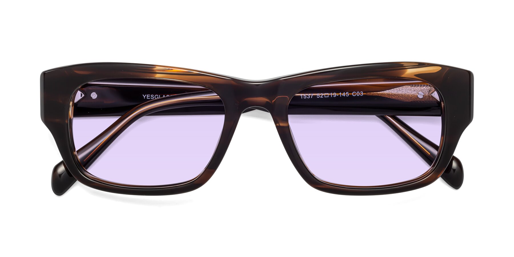 Folded Front of 1537 in Stripe Brown with Light Purple Tinted Lenses