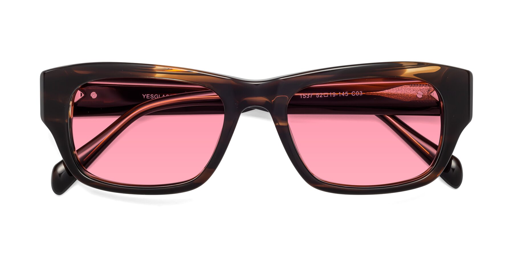 Folded Front of 1537 in Stripe Brown with Pink Tinted Lenses
