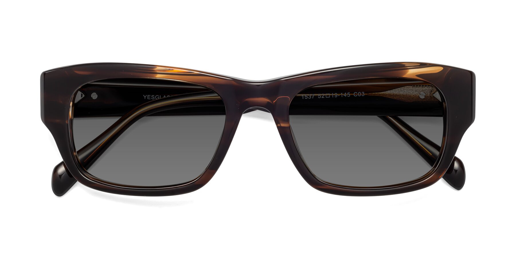 Folded Front of 1537 in Stripe Brown with Medium Gray Tinted Lenses