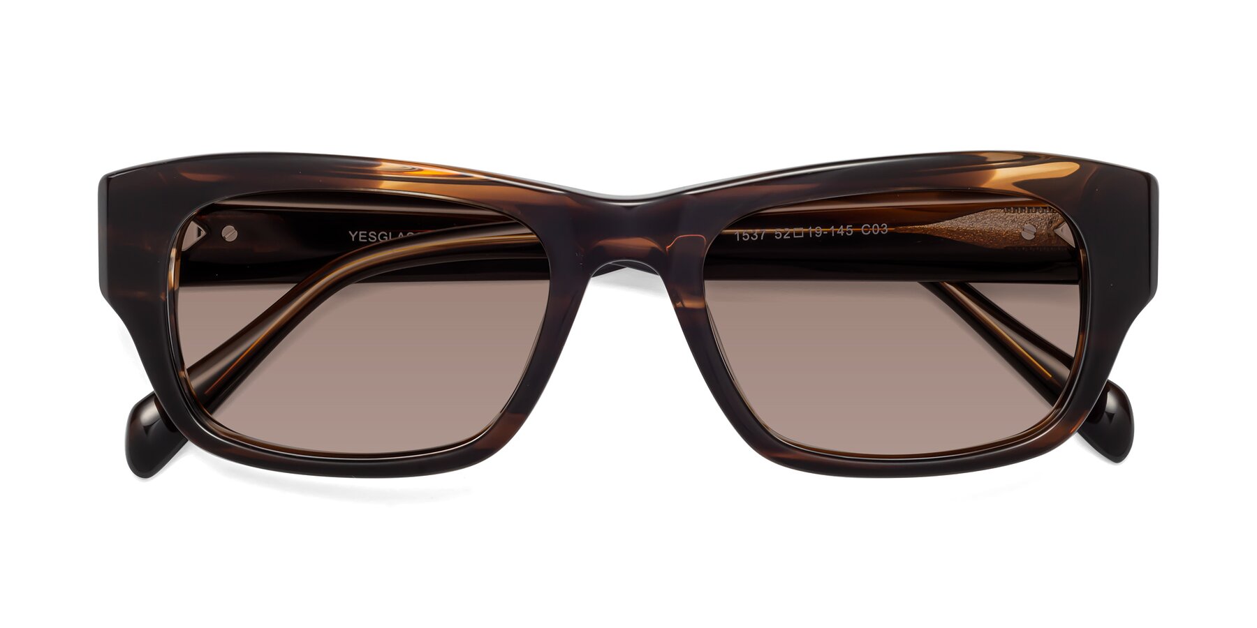 Folded Front of 1537 in Stripe Brown with Medium Brown Tinted Lenses