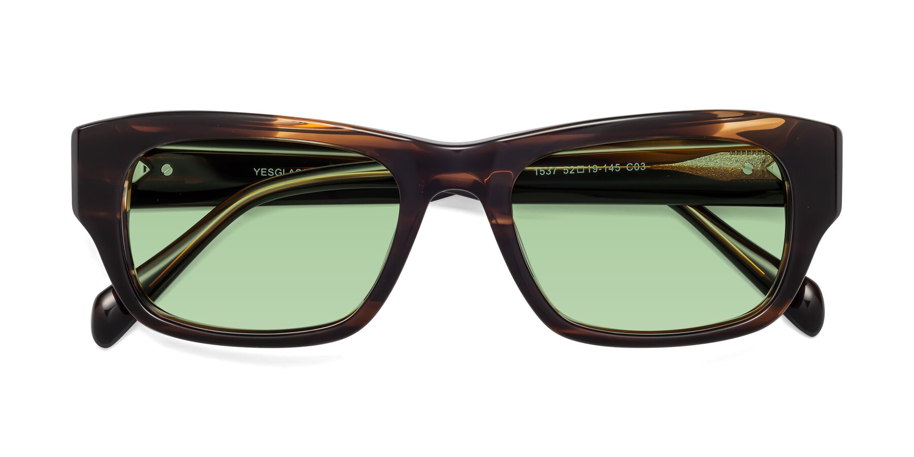 Folded Front of 1537 in Stripe Brown with Medium Green Tinted Lenses