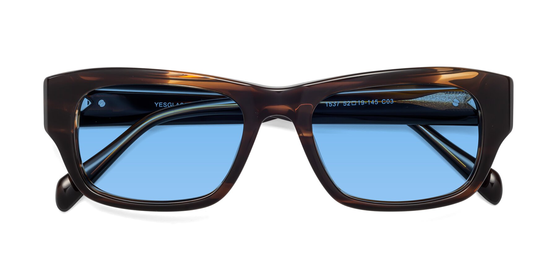 Folded Front of 1537 in Stripe Brown with Medium Blue Tinted Lenses