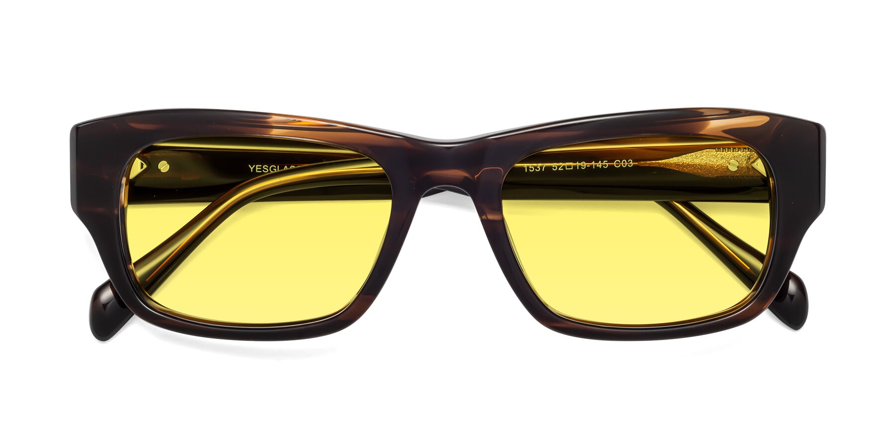 Folded Front of 1537 in Stripe Brown with Medium Yellow Tinted Lenses