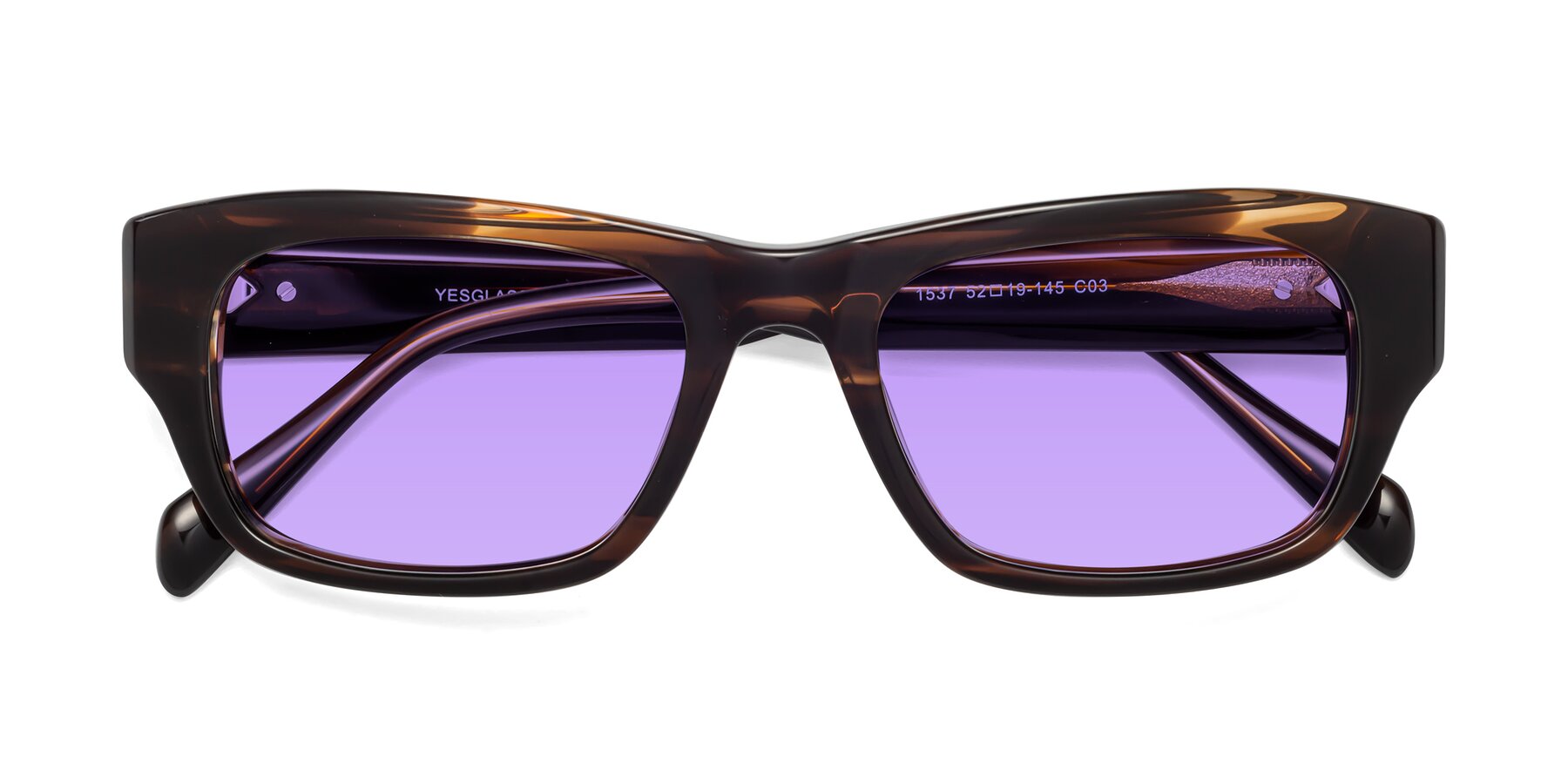 Folded Front of 1537 in Stripe Brown with Medium Purple Tinted Lenses