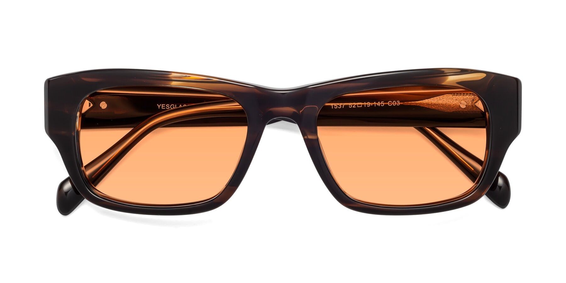 Folded Front of 1537 in Stripe Brown with Medium Orange Tinted Lenses