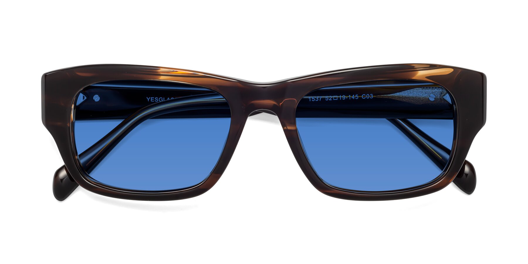 Folded Front of 1537 in Stripe Brown with Blue Tinted Lenses