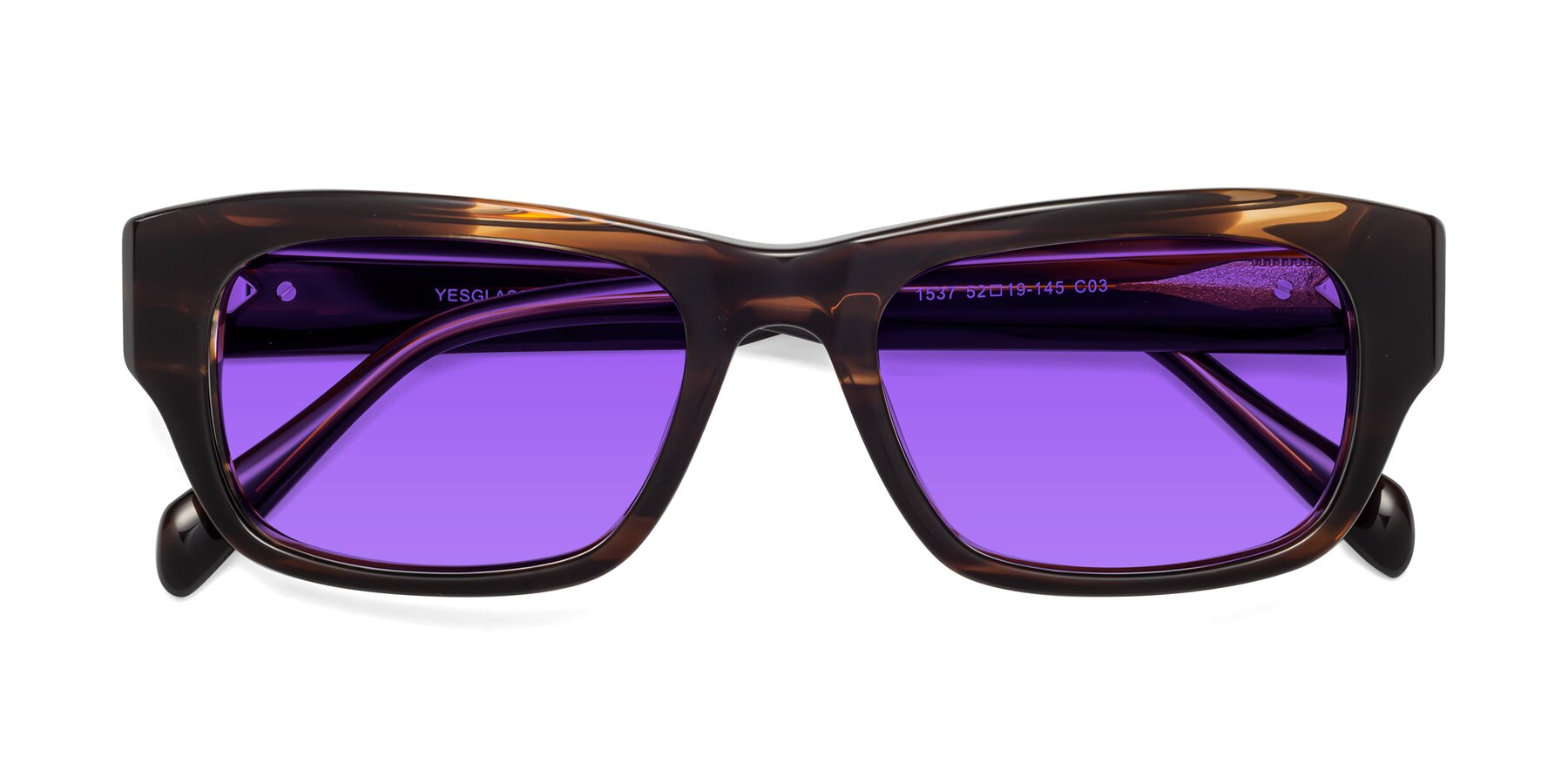 Folded Front of 1537 in Stripe Brown with Purple Tinted Lenses