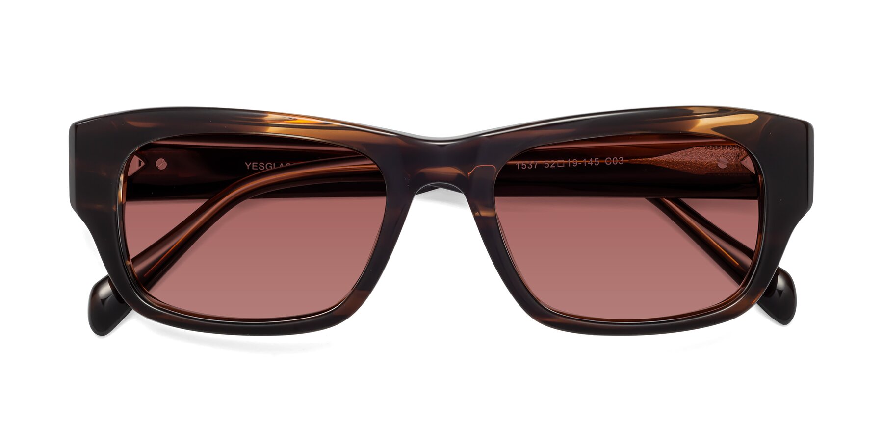 Folded Front of 1537 in Stripe Brown with Garnet Tinted Lenses