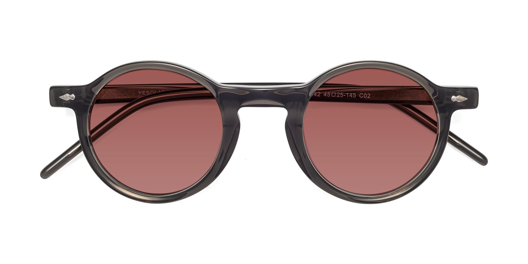 Folded Front of Marga in Gray with Garnet Tinted Lenses