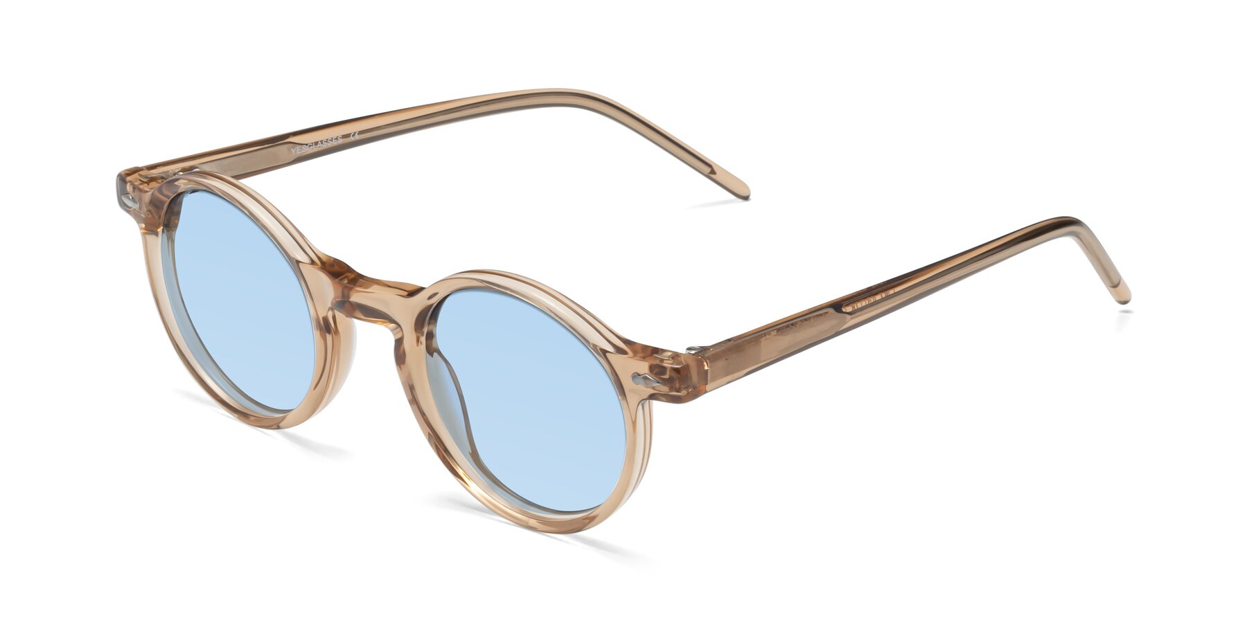 Angle of 1542 in Caramel with Light Blue Tinted Lenses
