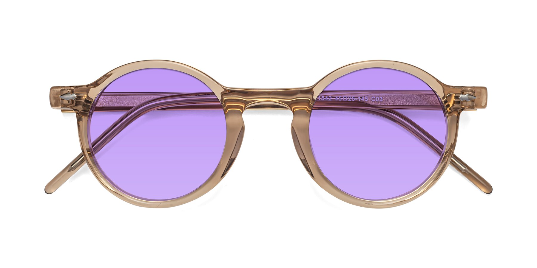 Folded Front of 1542 in Caramel with Medium Purple Tinted Lenses