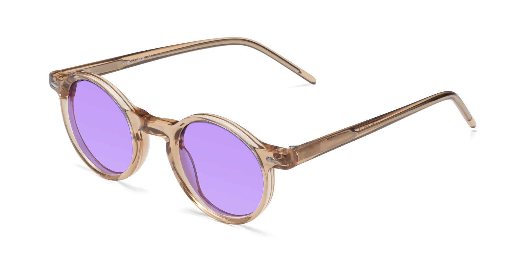 Angle of 1542 in Caramel with Medium Purple Tinted Lenses