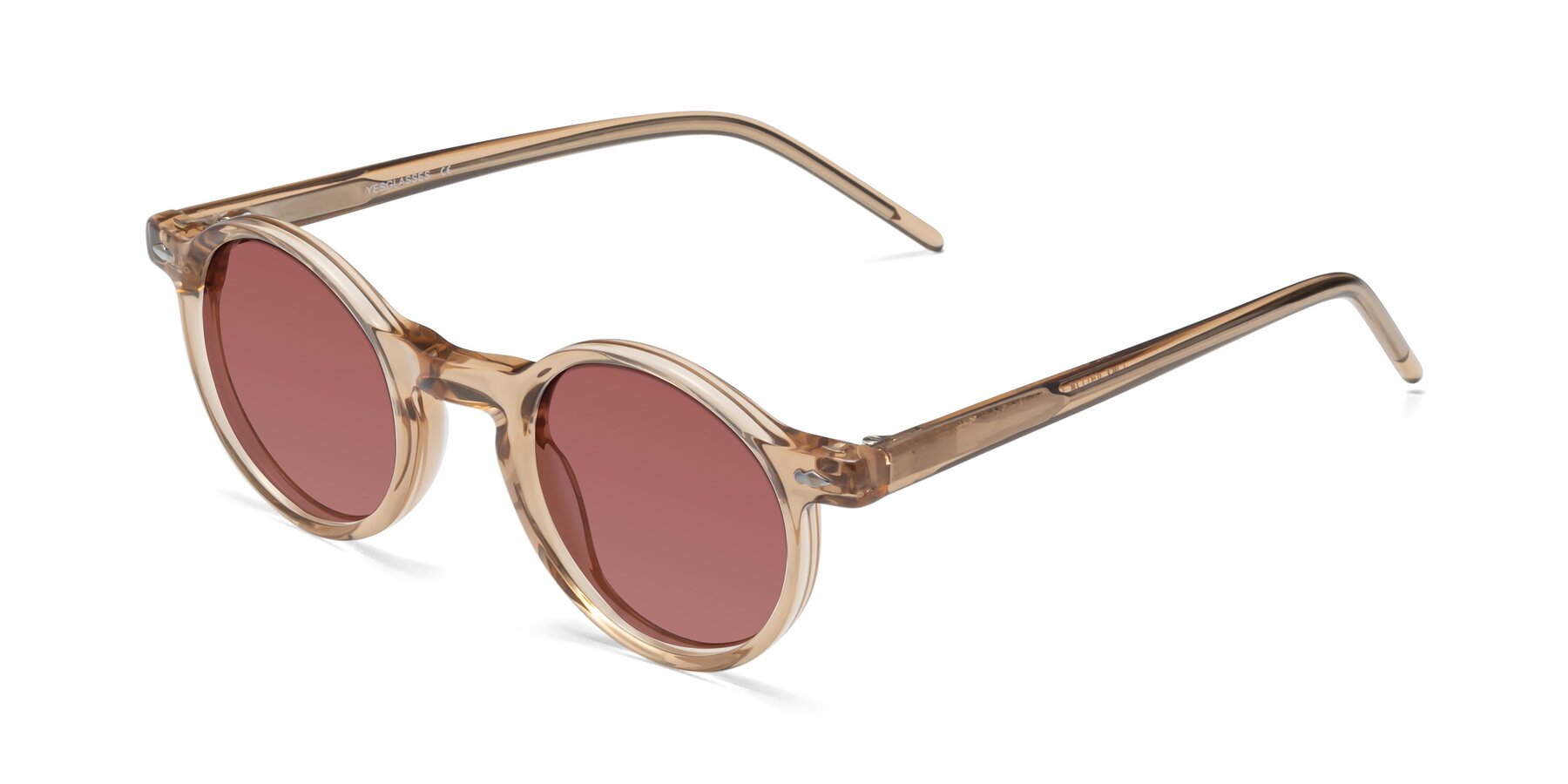 Angle of Marga in Caramel with Garnet Tinted Lenses