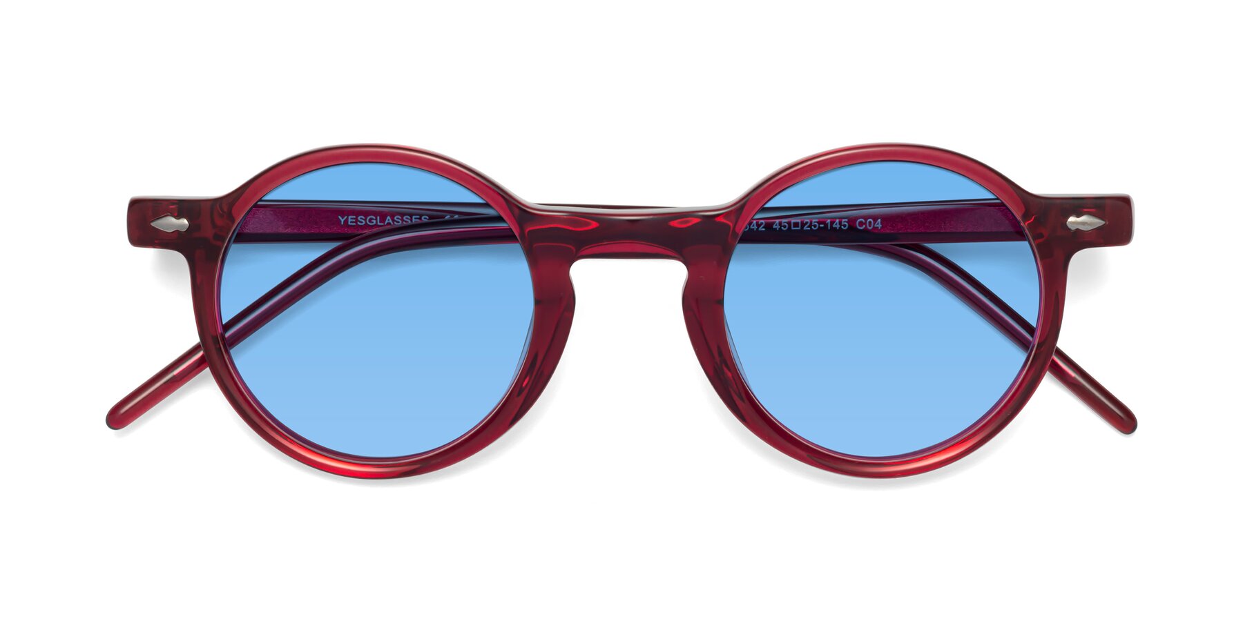 Folded Front of 1542 in Plum with Medium Blue Tinted Lenses