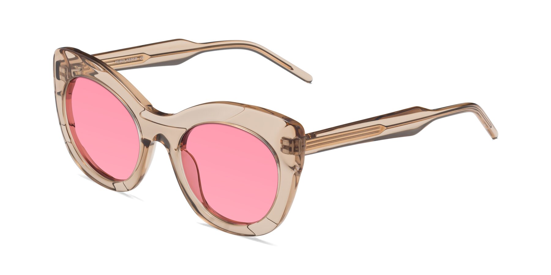 Angle of 1547 in Caramel with Pink Tinted Lenses