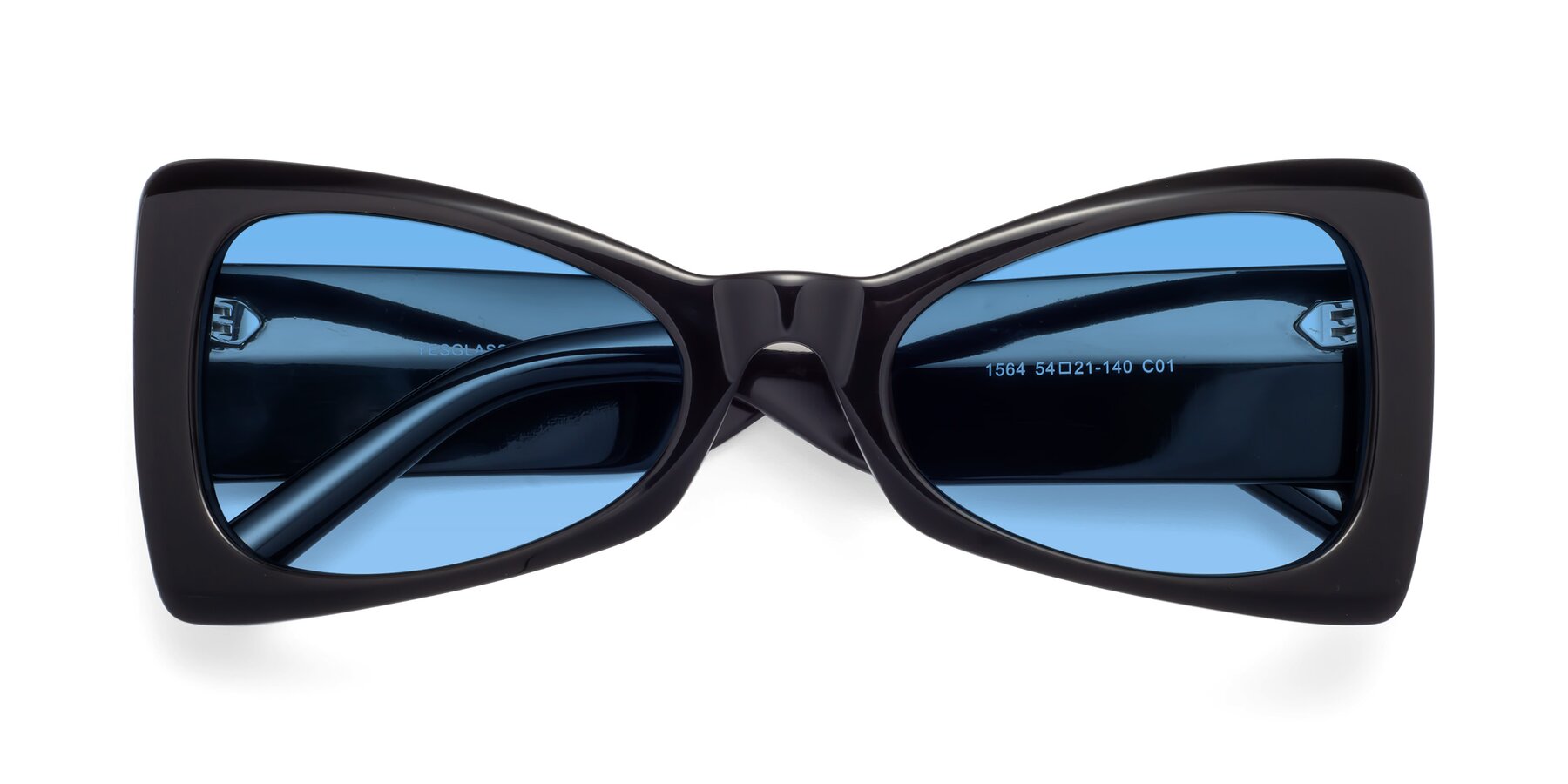 Folded Front of 1564 in Black with Medium Blue Tinted Lenses