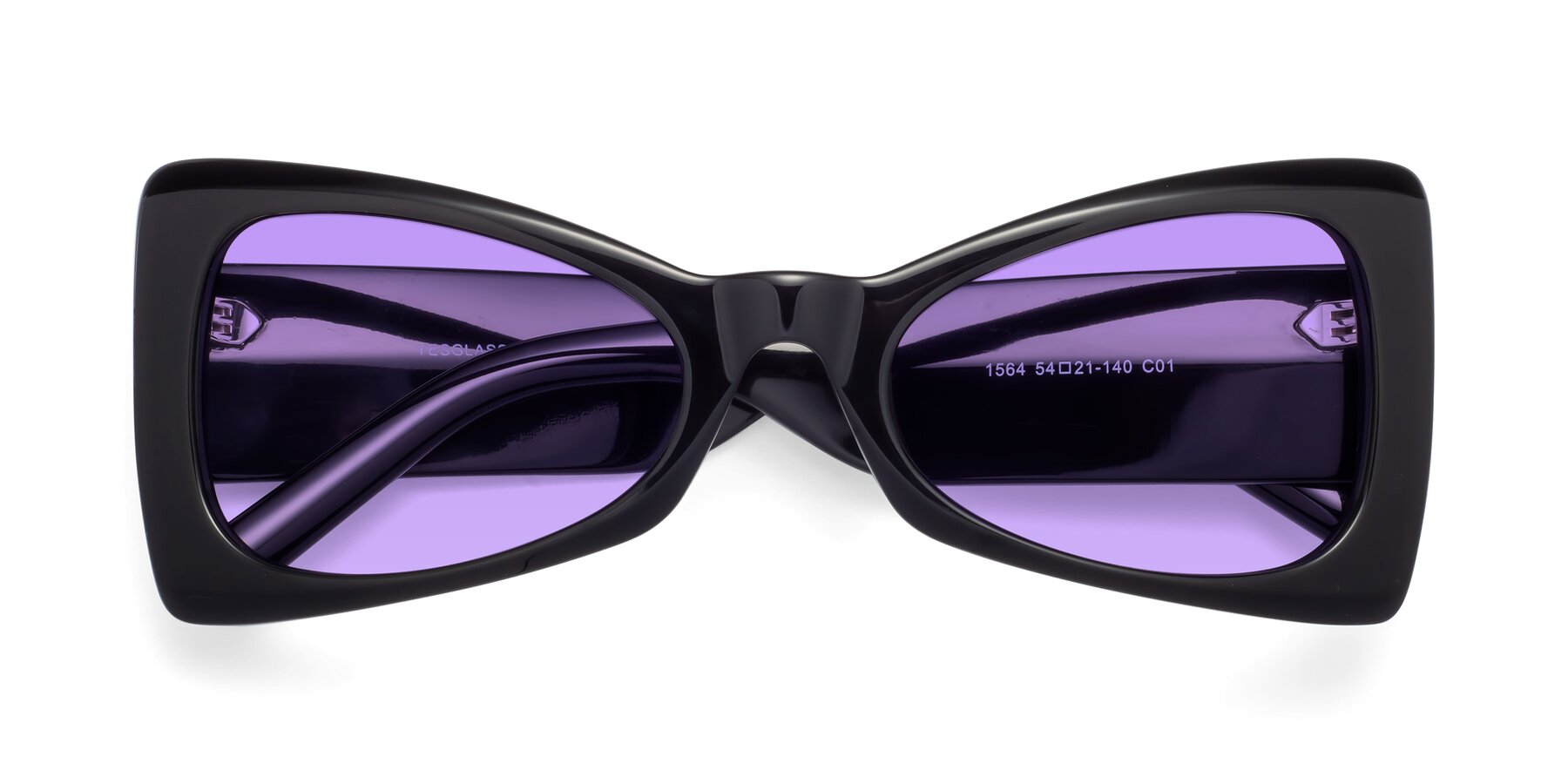 Folded Front of 1564 in Black with Medium Purple Tinted Lenses