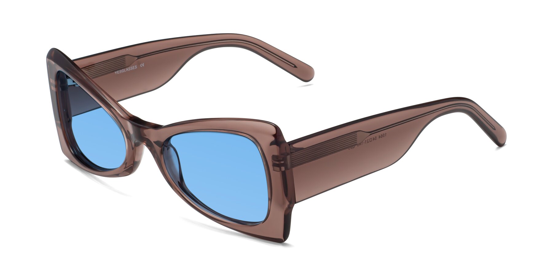 Angle of 1564 in Honey Brown with Medium Blue Tinted Lenses