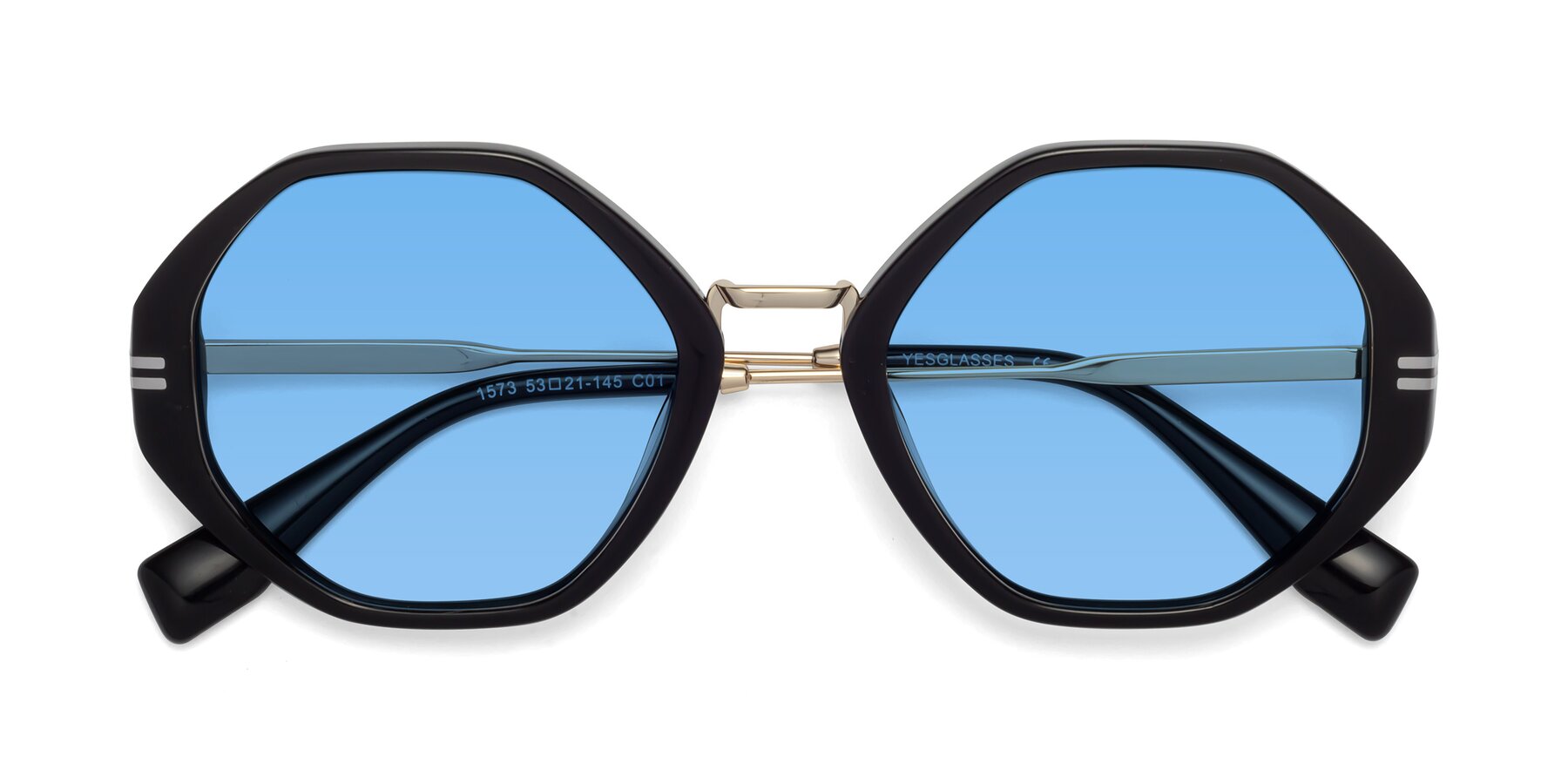 Folded Front of 1573 in Black with Medium Blue Tinted Lenses