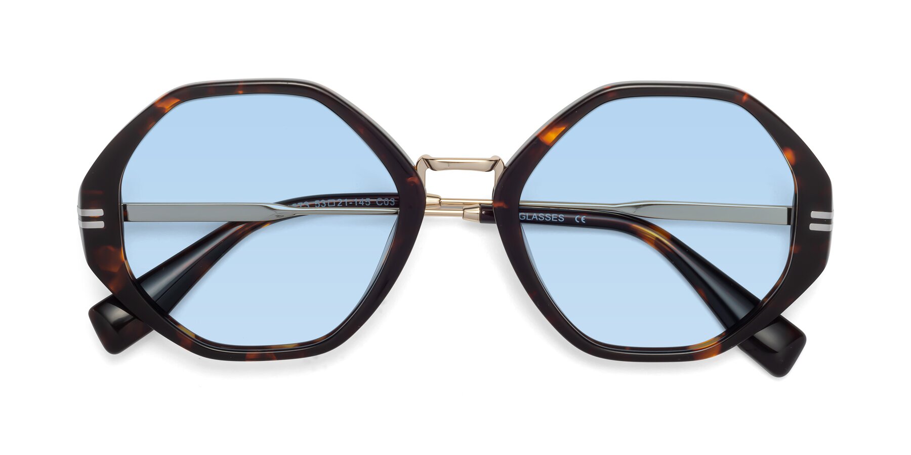 Folded Front of 1573 in Tortoise with Light Blue Tinted Lenses