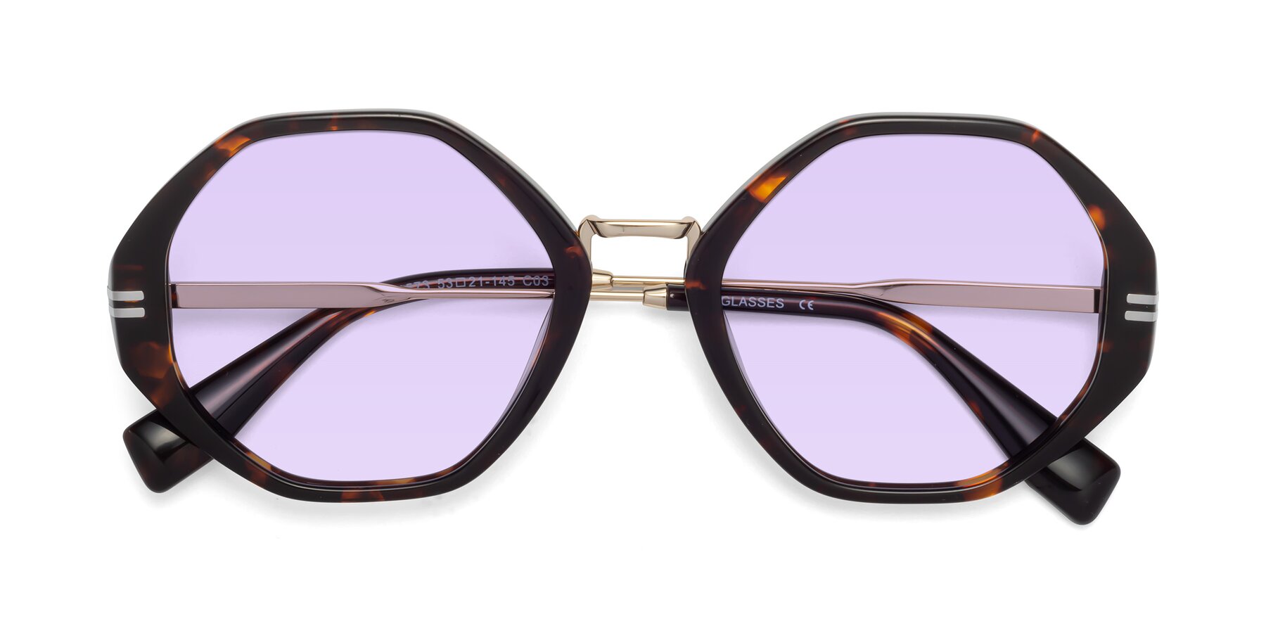 Folded Front of 1573 in Tortoise with Light Purple Tinted Lenses