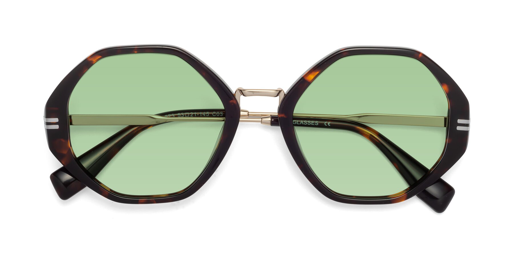 Folded Front of 1573 in Tortoise with Medium Green Tinted Lenses