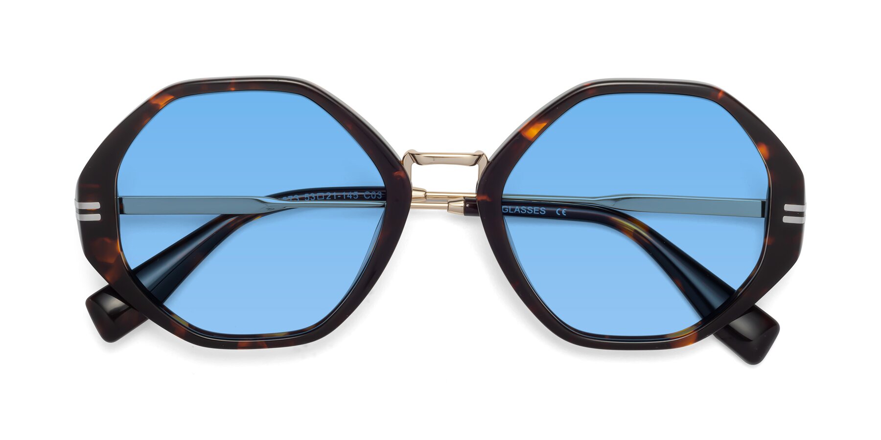 Folded Front of 1573 in Tortoise with Medium Blue Tinted Lenses
