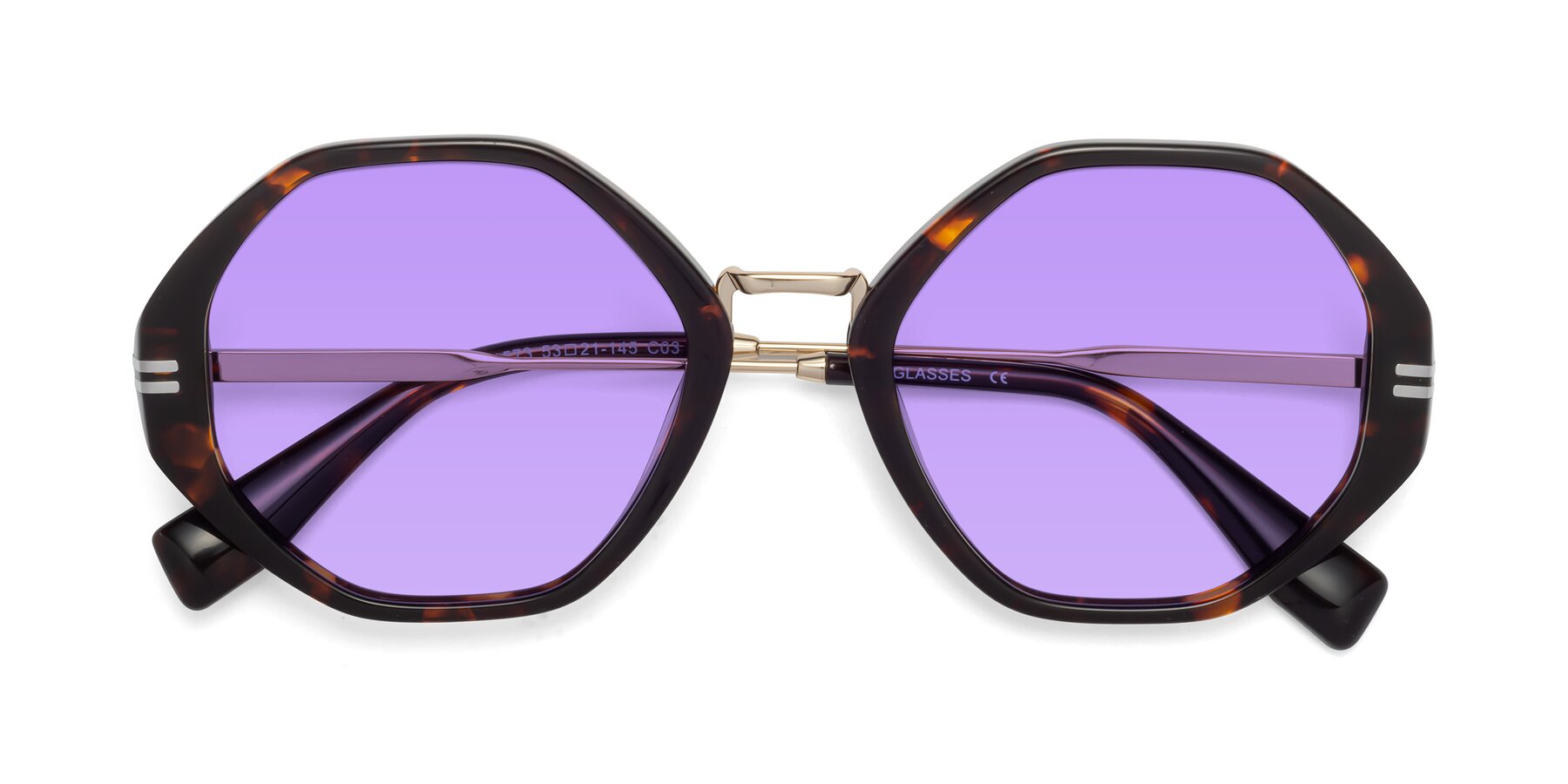 Folded Front of 1573 in Tortoise with Medium Purple Tinted Lenses