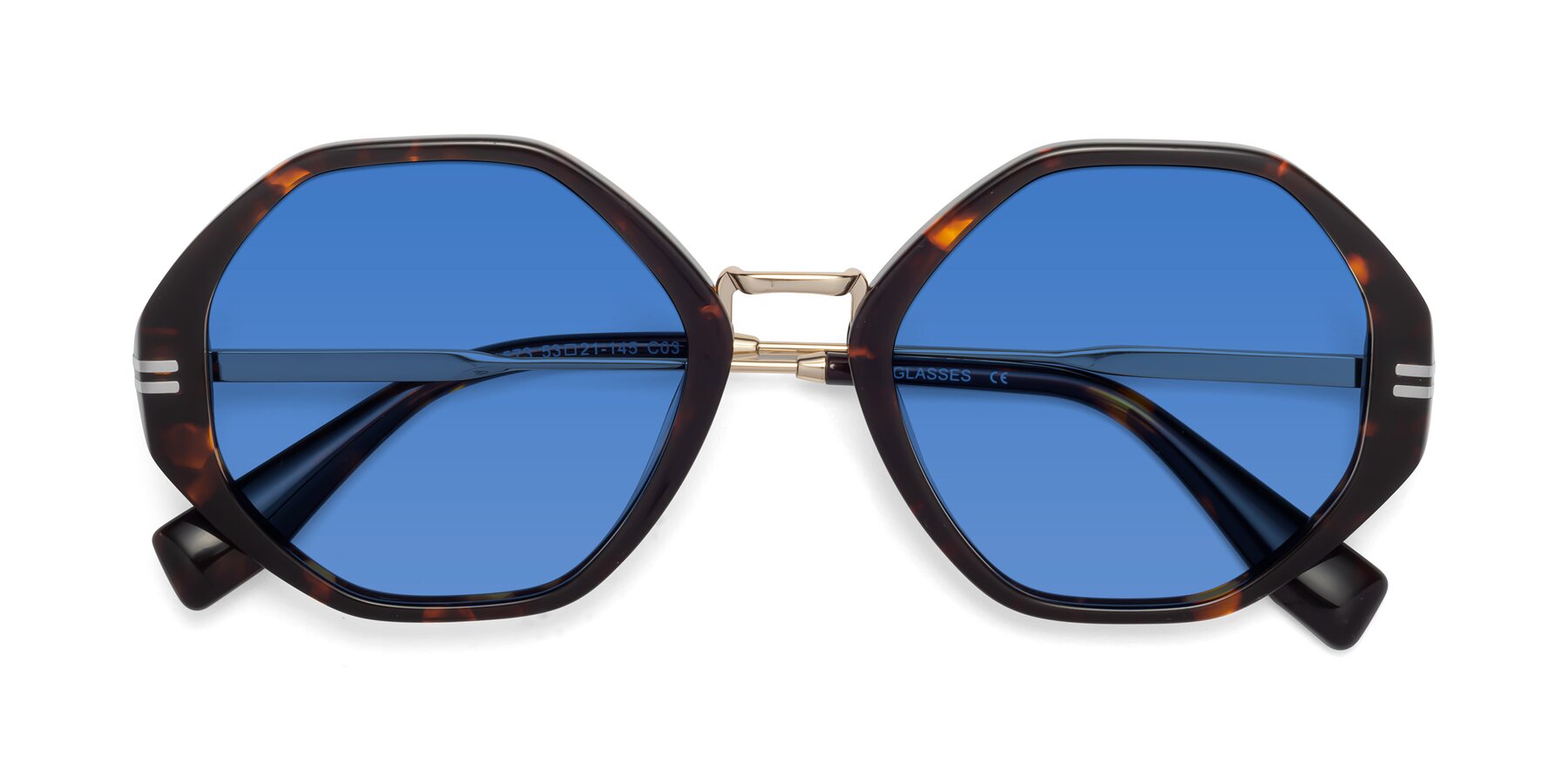 Folded Front of 1573 in Tortoise with Blue Tinted Lenses