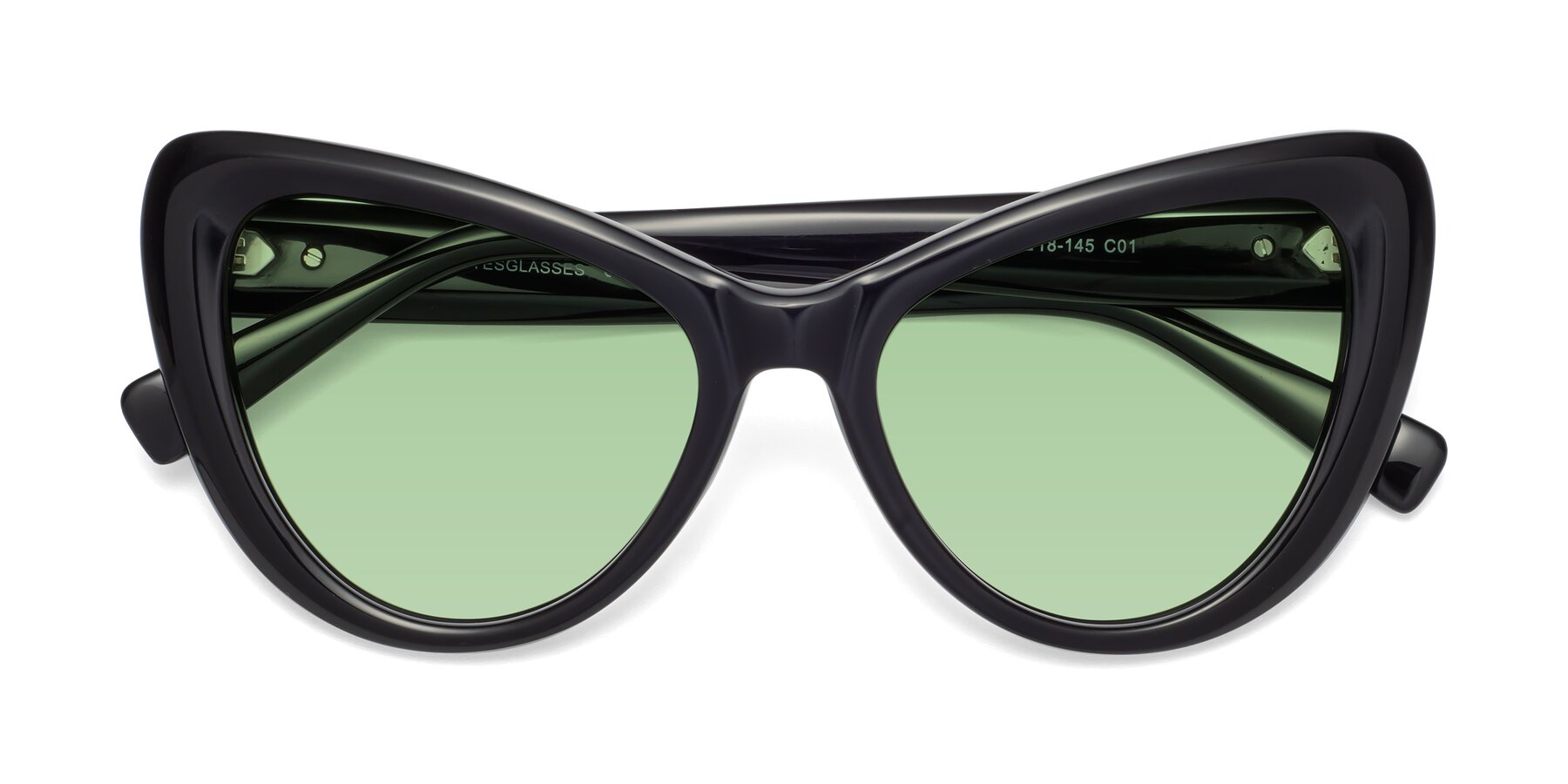 Folded Front of 1574 in Black with Medium Green Tinted Lenses