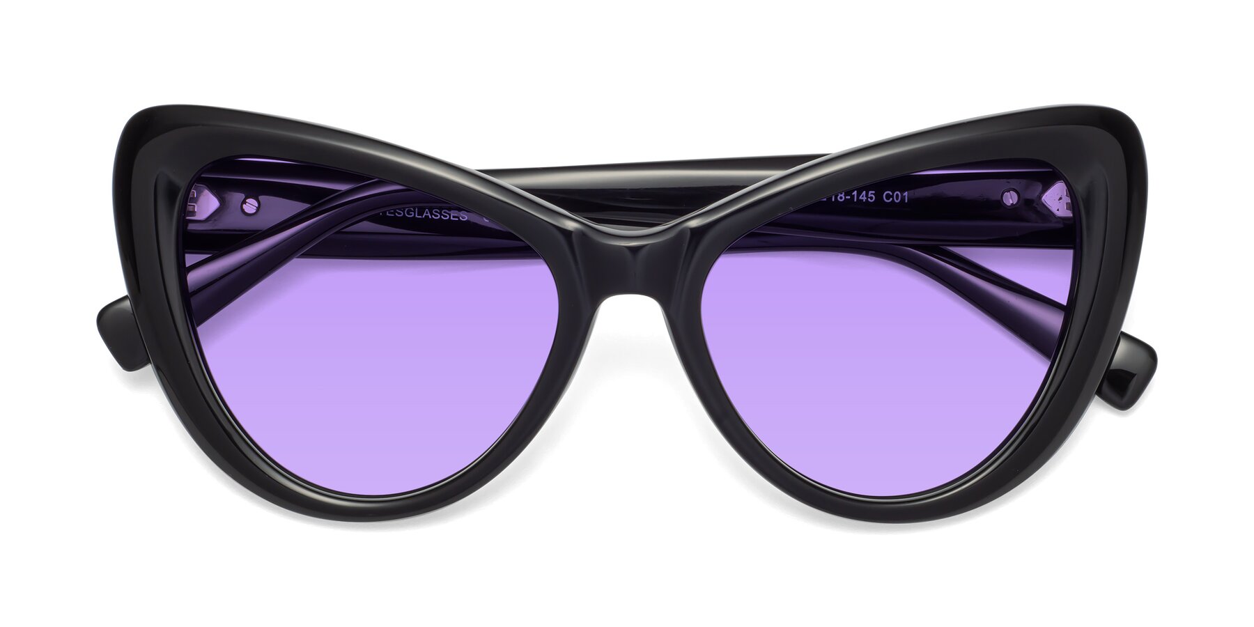 Folded Front of 1574 in Black with Medium Purple Tinted Lenses