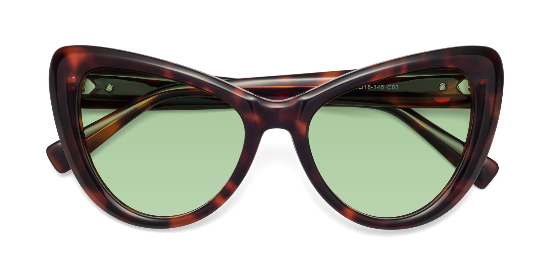 Folded Front of 1574 in Tortoise with Medium Green Tinted Lenses