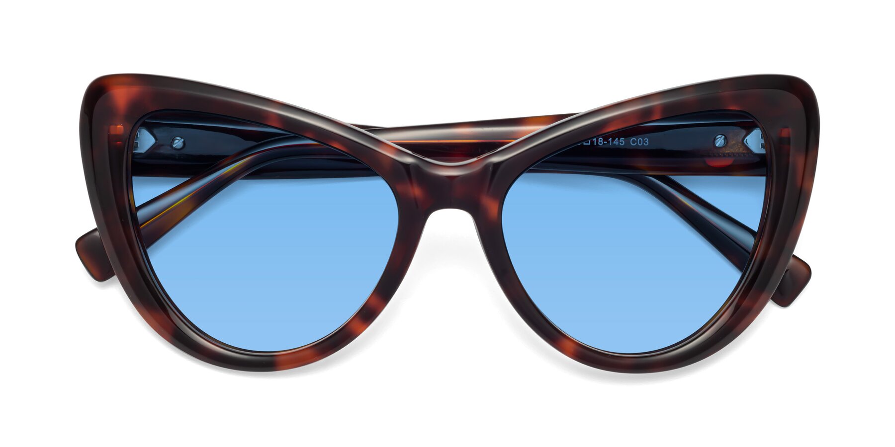 Folded Front of 1574 in Tortoise with Medium Blue Tinted Lenses